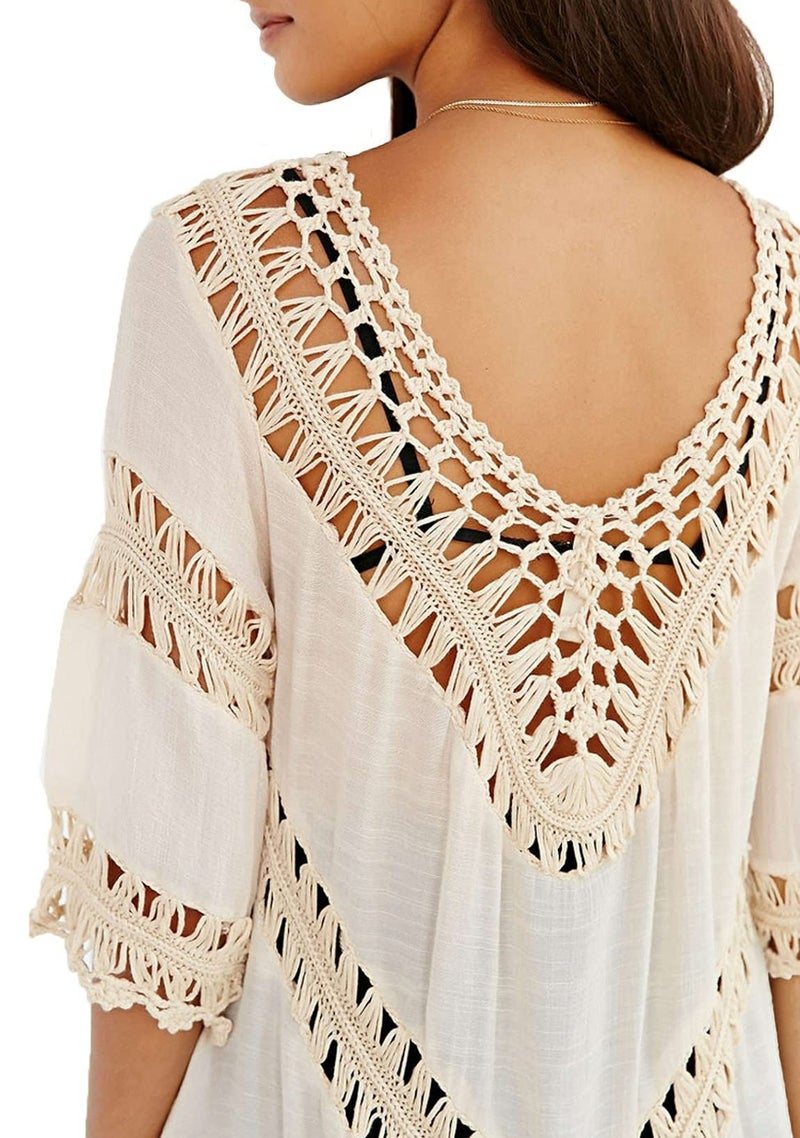Vanbuy Women s Bohemian Crochet Shirt Tunic Tops Blouses Beach Bikini Coverup Z01-91-Orange Beige - Image 3